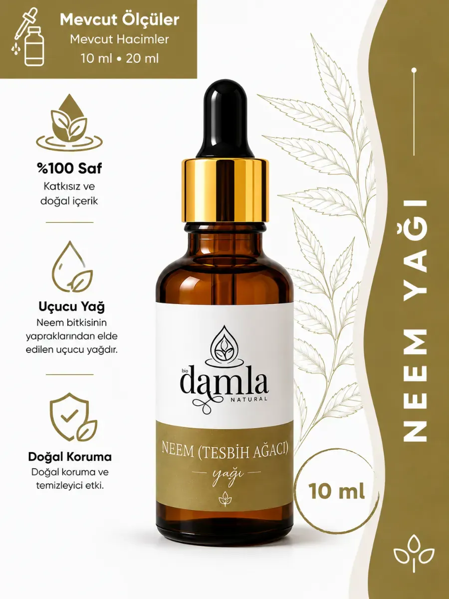 Neem (Tesbih Ağacı) Uçucu Yağı - Saç Derisi ve Tırnak Bakımı - %100 Saf ve Organik - Neem Oil